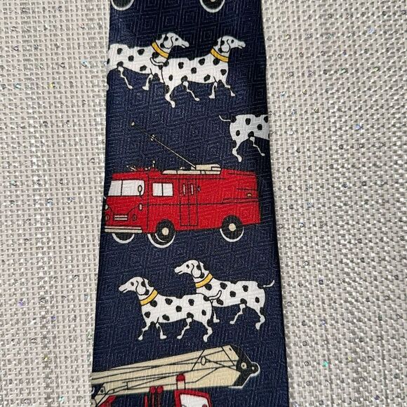 RENAISSANCE Navy Ivory Red White Black Yellow Fire Truck Dalmatians Woven Tie - Picture 3 of 7